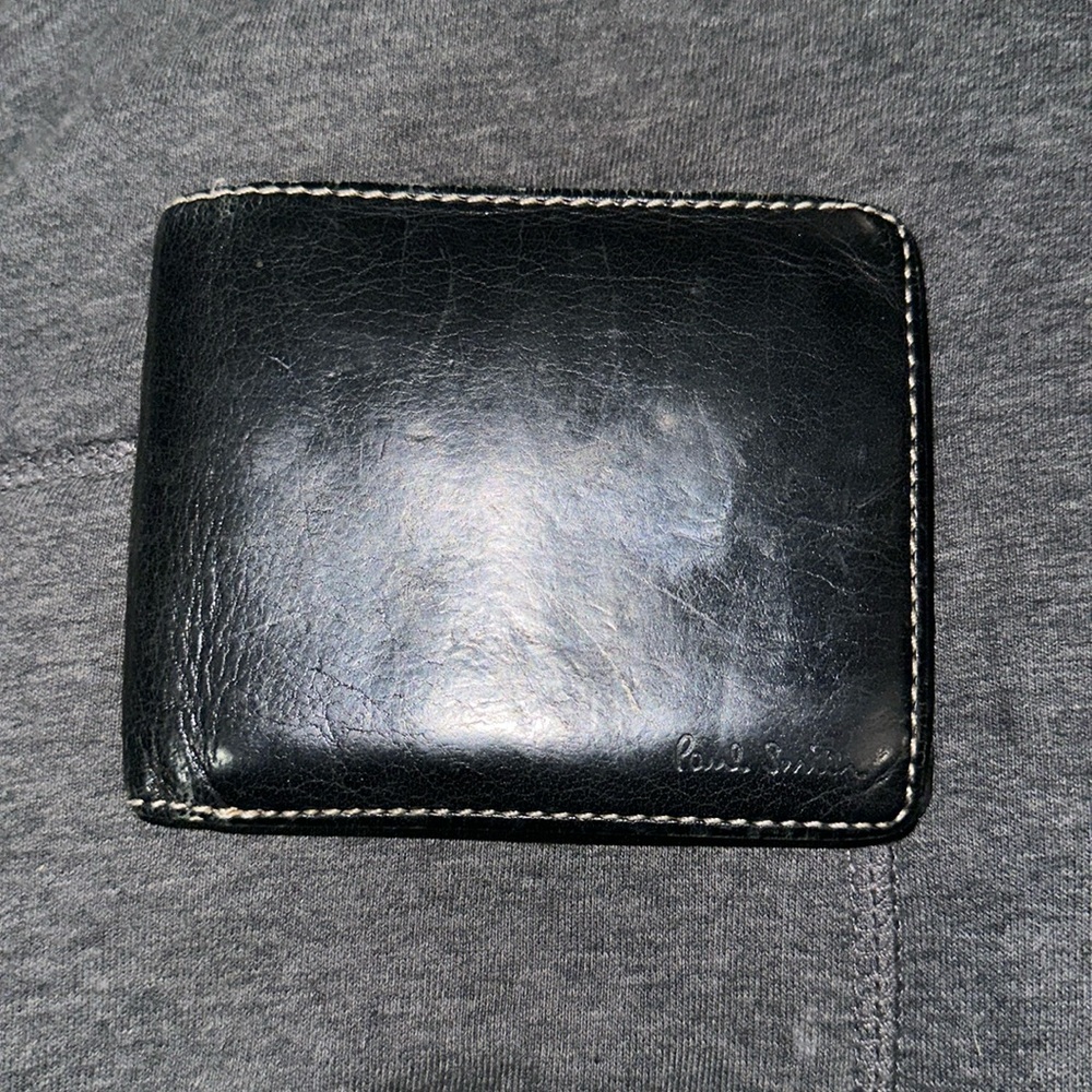 Paul Smith smooth black buffalo leather bifold wallet multi colored interior